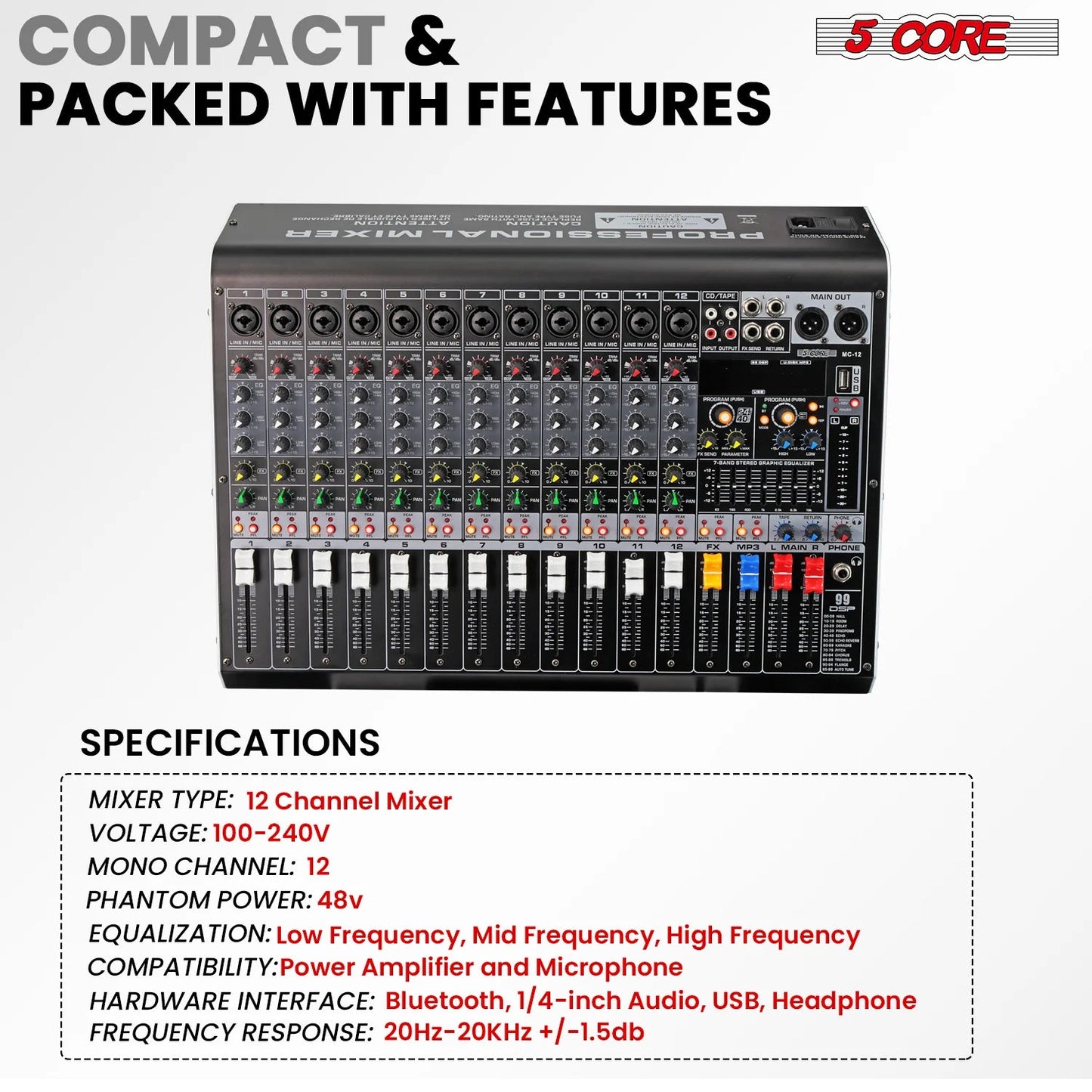 Audio Mixer 12 Channel DJ Equipment with Bluetooth USB Console Sound