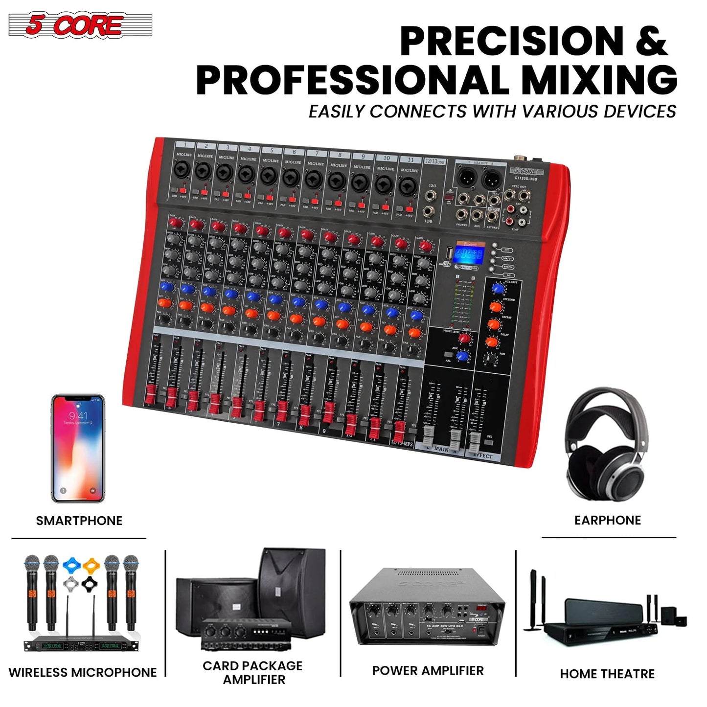 Audio Mixer 12 Channel DJ Equipment with Bluetooth USB Sound Board