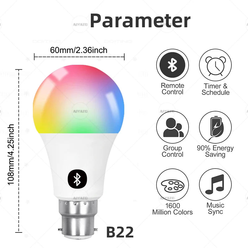 UK Standard Britain 220-240V Tuya Bluetooth 5.0 Smart Led Bulb 9W A19 B22 Snap-on Base Lamp RGBCW Smart Life APP 2700-6500K