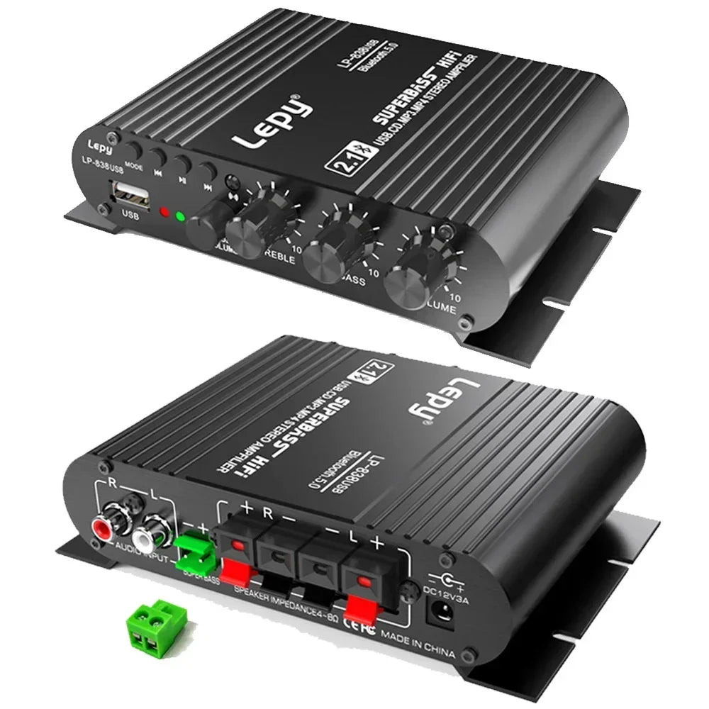 Bluetooth 5.0 Subwoofer Amplifier HIFI 2.1 Ch Home Amplifiers USB Drive Lossless Music LEPY838USB for 4-8 Ohm Speake 12V3A UK EU