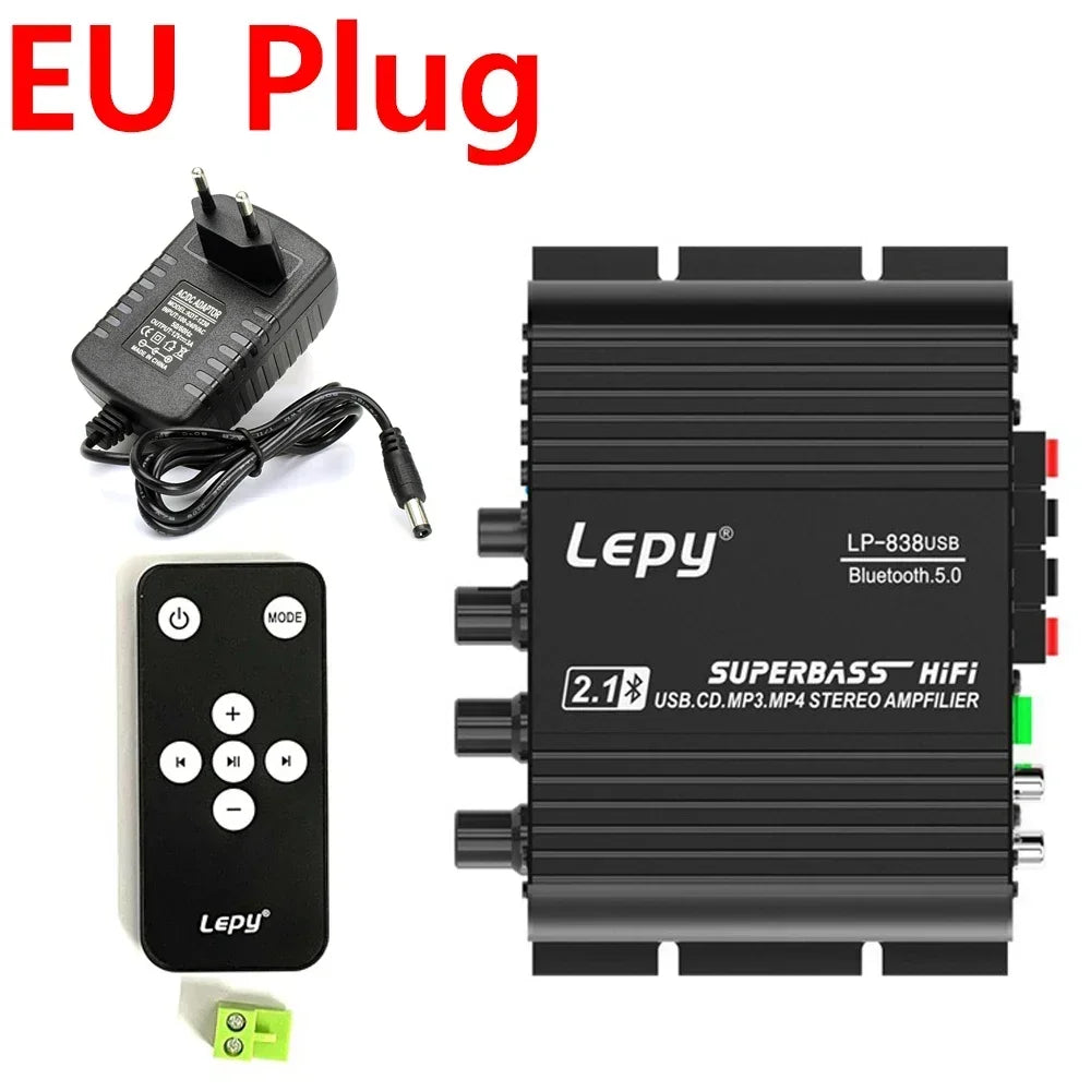 Bluetooth 5.0 Subwoofer Amplifier HIFI 2.1 Ch Home Amplifiers USB Drive Lossless Music LEPY838USB for 4-8 Ohm Speake 12V3A UK EU
