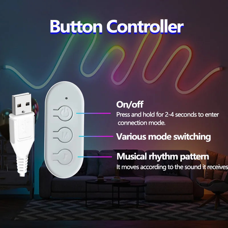 USB 1/2/3/5M LED Neon Light Strip RGBIC Bluetooth APP Control Luces Waterproof Led Magic Strip Lighting Music Sync for Party