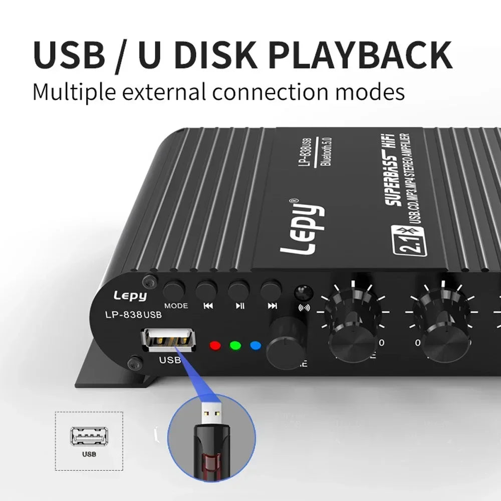 Bluetooth 5.0 Subwoofer Amplifier HIFI 2.1 Ch Home Amplifiers USB Drive Lossless Music LEPY838USB for 4-8 Ohm Speake 12V3A UK EU