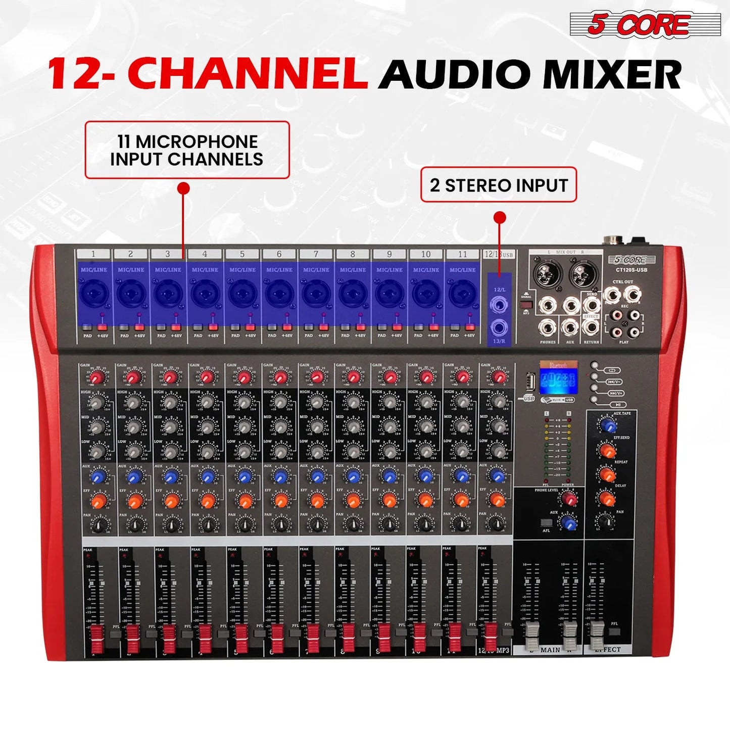 Audio Mixer 12 Channel DJ Equipment with Bluetooth USB Sound Board