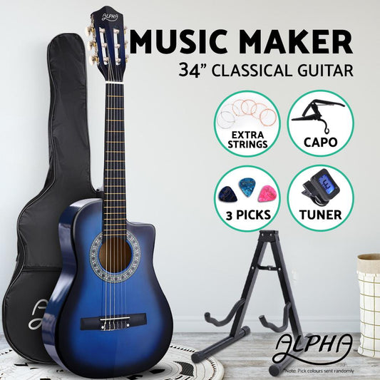 Alpha 34 Inch Classical Guitar Wooden Body Nylon String w/ Stand