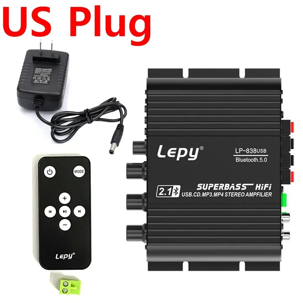 Bluetooth 5.0 Subwoofer Amplifier HIFI 2.1 Ch Home Amplifiers USB Drive Lossless Music LEPY838USB for 4-8 Ohm Speake 12V3A UK EU