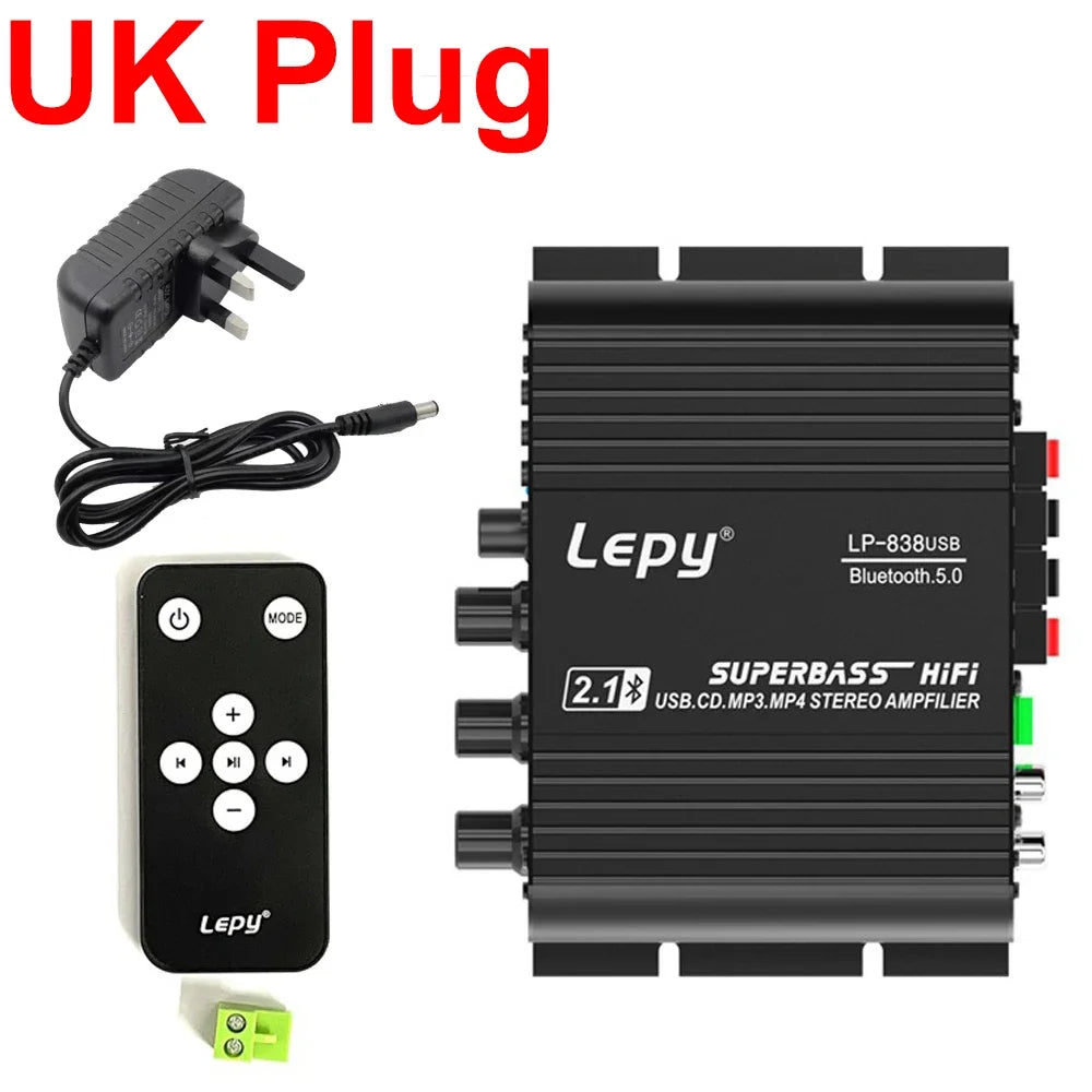 Bluetooth 5.0 Subwoofer Amplifier HIFI 2.1 Ch Home Amplifiers USB Drive Lossless Music LEPY838USB for 4-8 Ohm Speake 12V3A UK EU