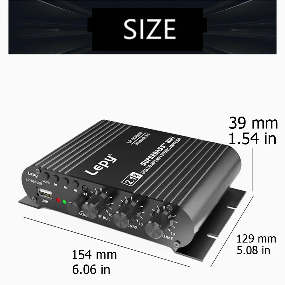 Bluetooth 5.0 Subwoofer Amplifier HIFI 2.1 Ch Home Amplifiers USB Drive Lossless Music LEPY838USB for 4-8 Ohm Speake 12V3A UK EU