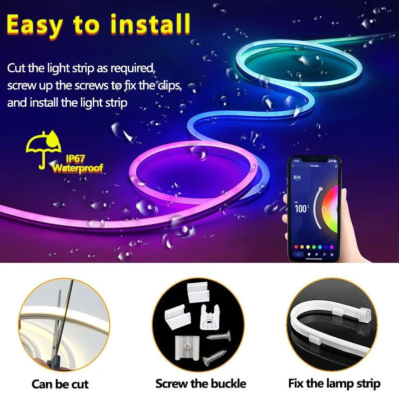 USB 1/2/3/5M LED Neon Light Strip RGBIC Bluetooth APP Control Luces Waterproof Led Magic Strip Lighting Music Sync for Party
