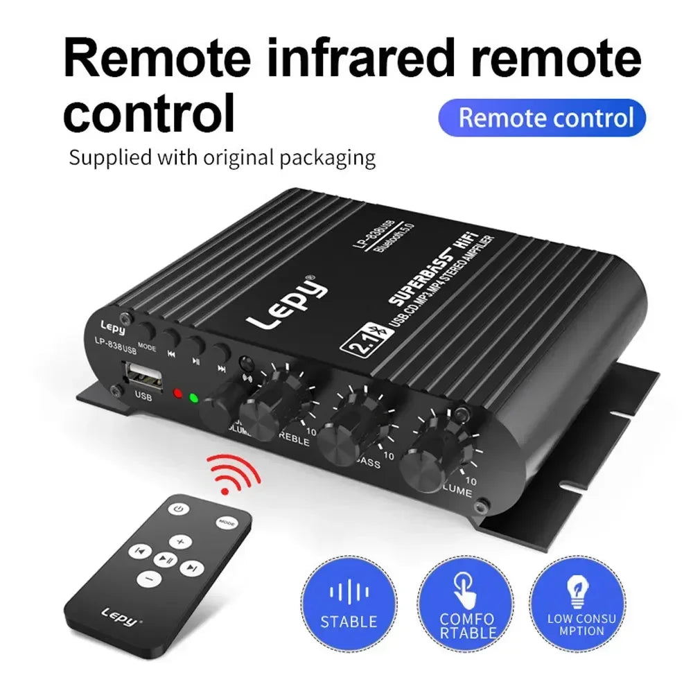 Bluetooth 5.0 Subwoofer Amplifier HIFI 2.1 Ch Home Amplifiers USB Drive Lossless Music LEPY838USB for 4-8 Ohm Speake 12V3A UK EU