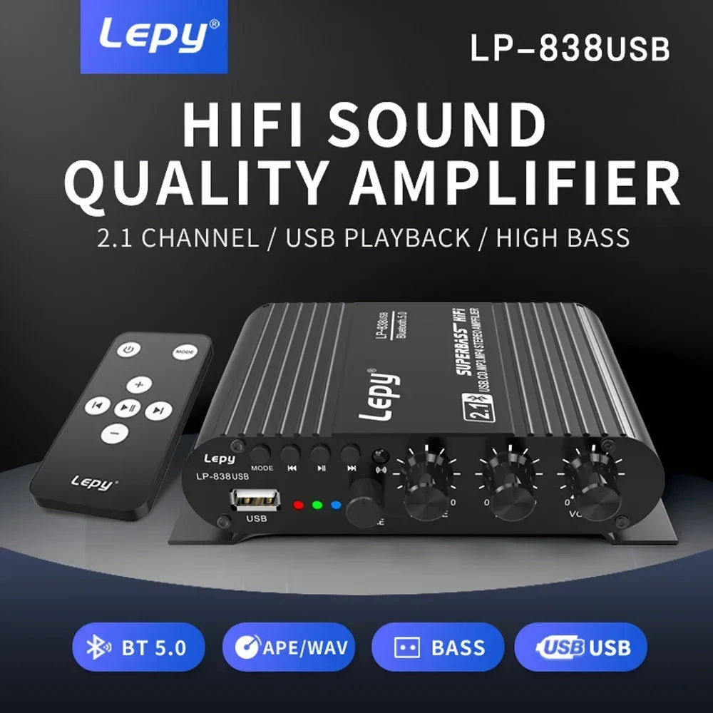 Bluetooth 5.0 Subwoofer Amplifier HIFI 2.1 Ch Home Amplifiers USB Drive Lossless Music LEPY838USB for 4-8 Ohm Speake 12V3A UK EU
