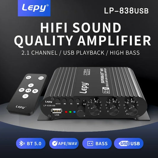 Bluetooth 5.0 Subwoofer Amplifier HIFI 2.1 Ch Home Amplifiers USB Drive Lossless Music LEPY838USB for 4-8 Ohm Speake 12V3A UK EU