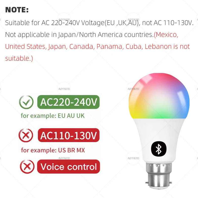 UK Standard Britain 220-240V Tuya Bluetooth 5.0 Smart Led Bulb 9W A19 B22 Snap-on Base Lamp RGBCW Smart Life APP 2700-6500K