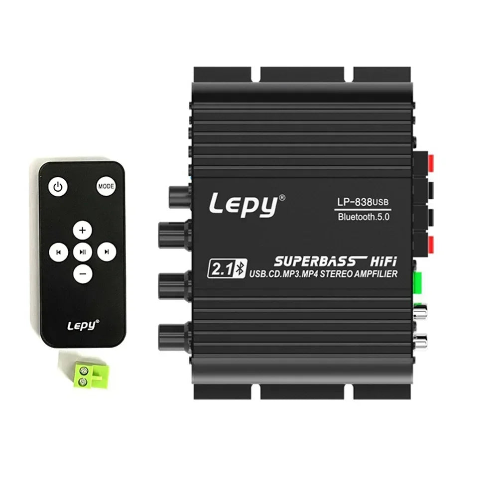 Bluetooth 5.0 Subwoofer Amplifier HIFI 2.1 Ch Home Amplifiers USB Drive Lossless Music LEPY838USB for 4-8 Ohm Speake 12V3A UK EU