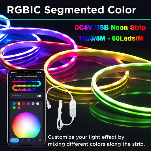USB 1/2/3/5M LED Neon Light Strip RGBIC Bluetooth APP Control Luces Waterproof Led Magic Strip Lighting Music Sync for Party